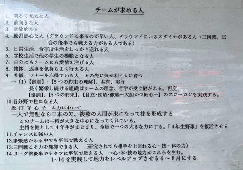 国学院大　鳥山監督が、ベンチに貼り出した「チームが求める人」（撮影・保坂淑子）