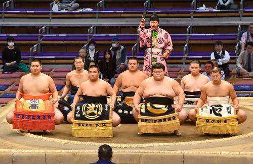 新序出世披露を行う、前列左から豪ノ勝、豪清丸、岡田、若雷、後列左から雷颯、出野、大光（撮影・岩下翔太）