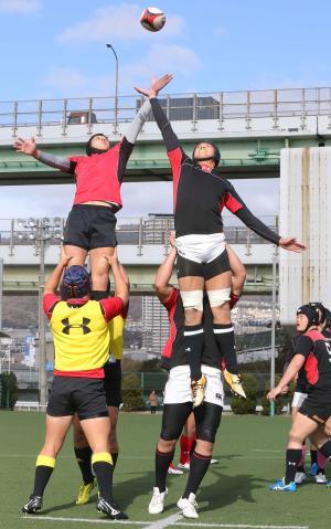 ラインアウトの練習に励む東福岡の選手たち（撮影・菊川光一）